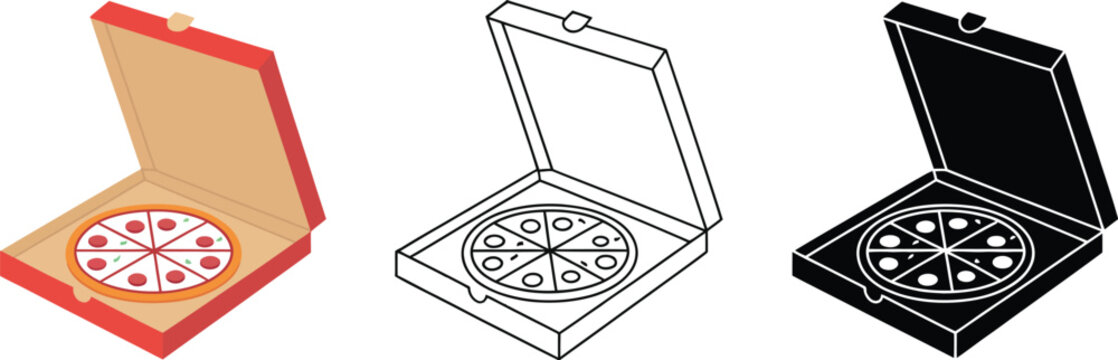 Pizza delivery icons, cartoon fast food symbols featuring sliced pizza and open takeaway box for restaurant branding and food graphics.