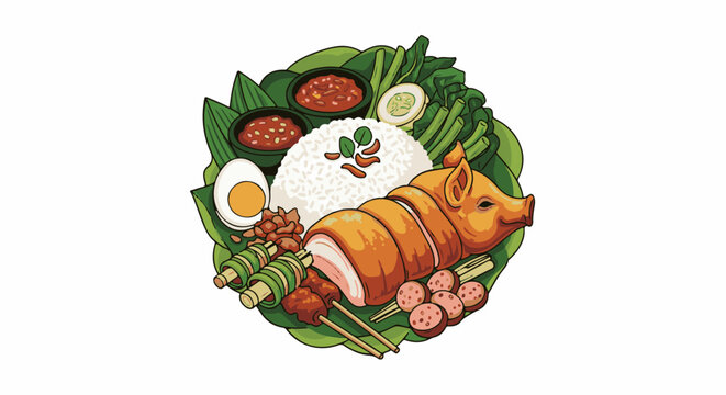 Delicious pixel art feast with roasted pig, rice, eggs, and dips