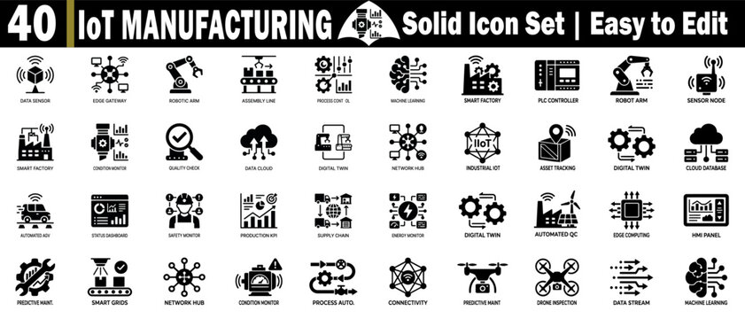 Iot manufacturing solid icon set. Highlighting industrial automation, smart factory sensors, robotics, and digital systems.