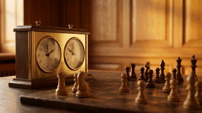 Vintage wooden chess clock next to chessboard with setup pieces during tournament competition, representing time management, business deadline, deadline pressure, strategic planning