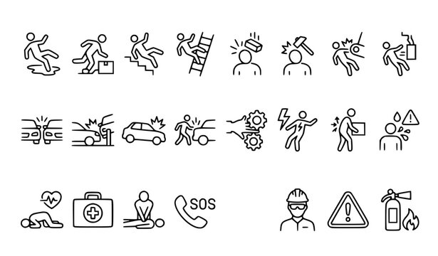 Accident icon set falls injury car crash work injury line vector editable stroke
