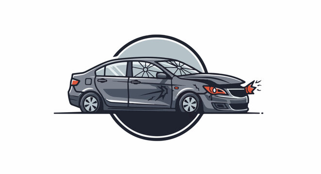 Damaged dark gray sedan with cracked windshield and bent hood, stylized circular emblem