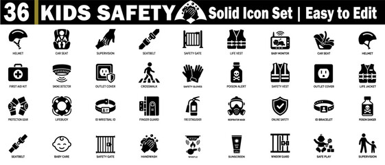 Kids safety solid icon set. Child protection and household health equipment for parents and school safety training. © Logo Solution