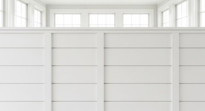 Clean White Shiplap Wall Paneling with Subtle Shadow Lines and Transom Windows Overhead