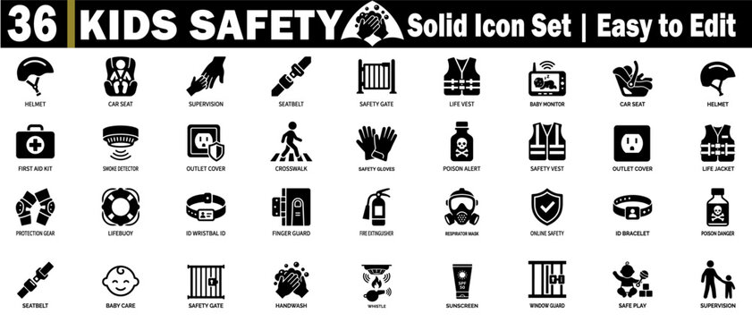 Kids safety solid icon set. Child protection and household health equipment for parents and school safety training.