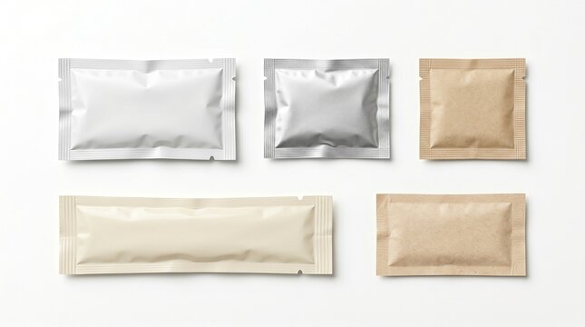 Five different types of small rectangular sachets arranged in a flat lay composition for professional product branding and marketing design