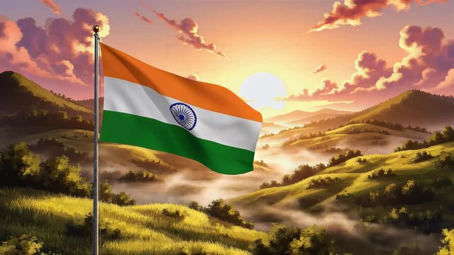 National Flag of India Waving Over Scenic Mountain Sunrise