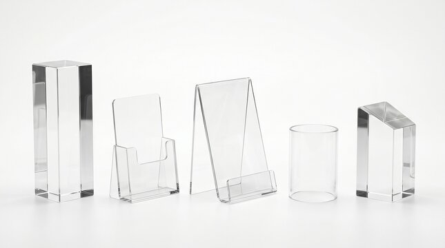 Five different transparent acrylic stands and holders arranged in a row for displaying brochures and marketing materials in an office