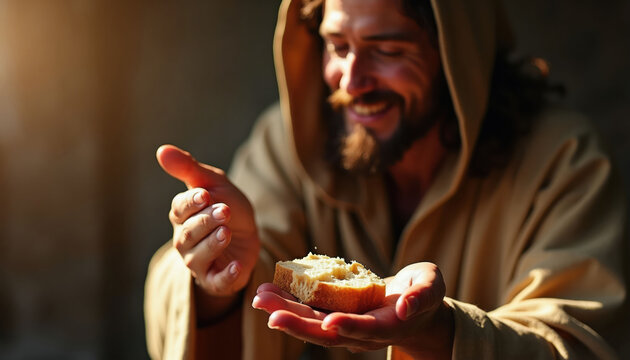 Jesus Christ offers a piece of bread. His hands hold the food. He smiles warmly, sharing a meal with followers. Spiritual communion and hope.