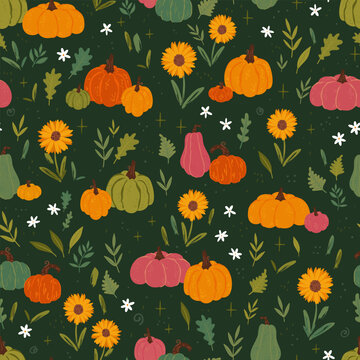 Lovely hand drawn Thanksgiving seamless pattern with pumpkins, sunflowers, autumn foliage, great for textiles, table cloth, wrapping, banners, wallpapers - vector design