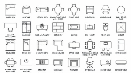 Obraz premium Architectural floor plan symbols, 32 furniture line icons for interior design, black and white top view home layout vector set