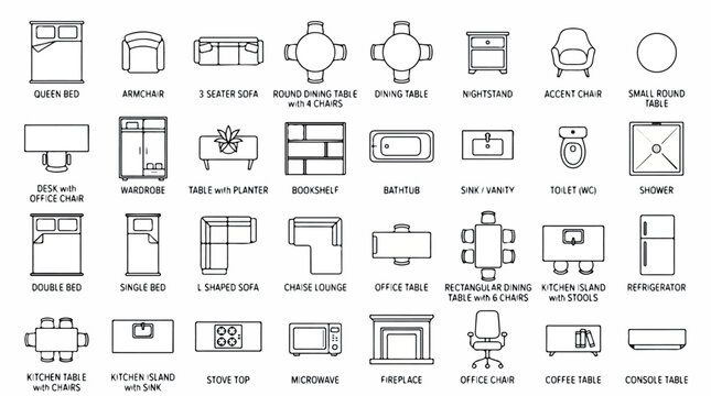 Architectural floor plan symbols, 32 furniture line icons for interior design, black and white top view home layout vector set
