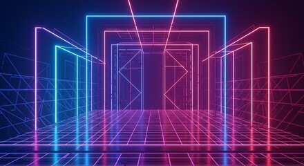 Fototapeta premium 鮮やかなネオン光が空間を照らす 未来的なサイバーグリッドと幾何学的な通路が奥行きを強調する抽象的な背景. AI Generated