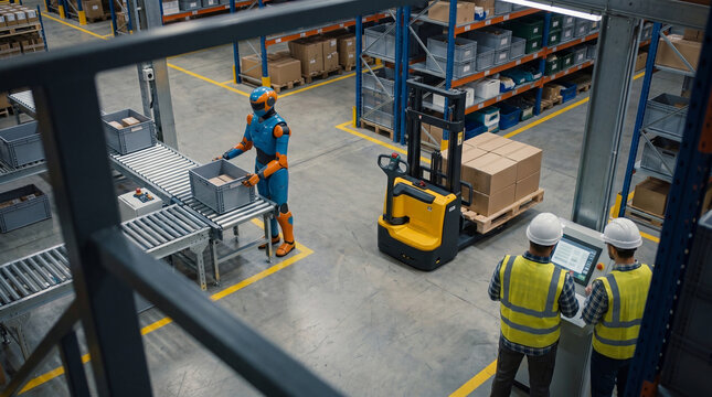 Modern warehouse operations with humanoid robot working on conveyor system alongside human managers.