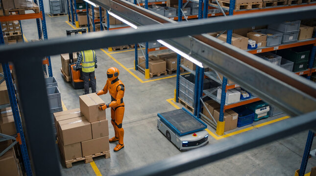Advanced automated warehouse operations featuring an orange humanoid robot stacking boxes and an AMR transporting goods.