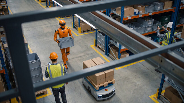 Contemporary warehouse operations with a humanoid robot carrying a crate, an AMR delivering goods.