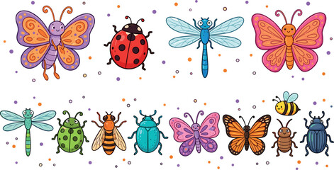 Cute cartoon insects vector illustration collection set featuring smiling butterflies ladybug dragonflies bees beetles and bugs isolated on a white background. © MstBizly