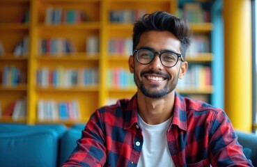 Fototapeta premium Young Indian man smiles wearing glasses in library. Student sits near bookshelves with colorful books. He looks happy and confident about future learning.