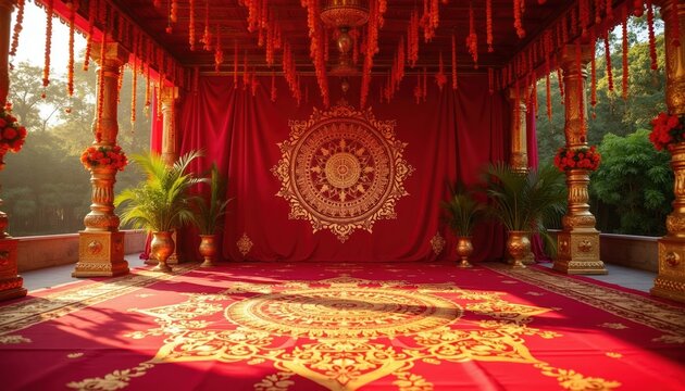 Indian wedding stage setup with red drapes marigold flowers golden pillars and ornate carpet. Ceremony decor includes intricate mandala designs and rich green plants perfect for cultural events.