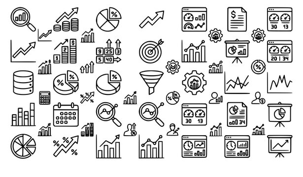 Business analytics and statistic outline icons collection with financial chart symbols for digital interface design