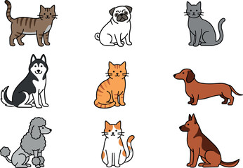 Cute cartoon pets vector illustration set featuring various domestic cats and dog breeds including husky pug dachshund poodle and german shepherd isolated on white. © MstBizly