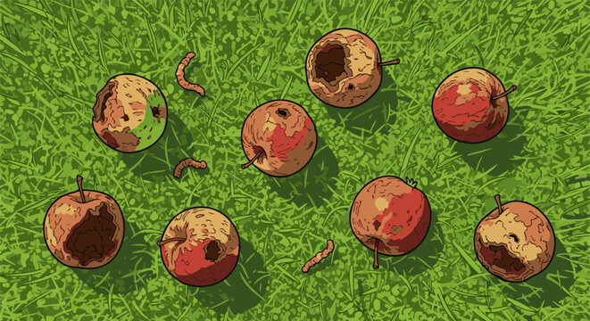 Decayed apples and worms scattered on a vibrant green grassy background