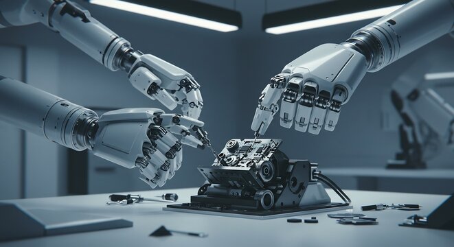 クールな青い光が満ちる未来的なラボで精密なロボットアームが微細な機械部品を緻密かつ正確に組み立てる最先端技術が実現する革新的な生産プロセス. AI Generated
