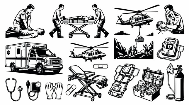 Emergency medical services vector set, paramedic first aid and rescue icons, black and white ambulance and helicopter illustrations for healthcare