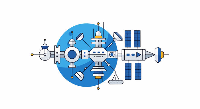 Futuristic space station with solar panels and antennas, orbiting a blue planet