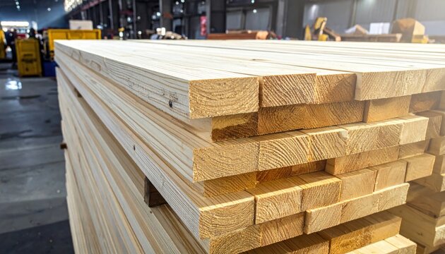 A stack of laminated wood beams showcasing their layered grain and natural texture in a workshop setting.