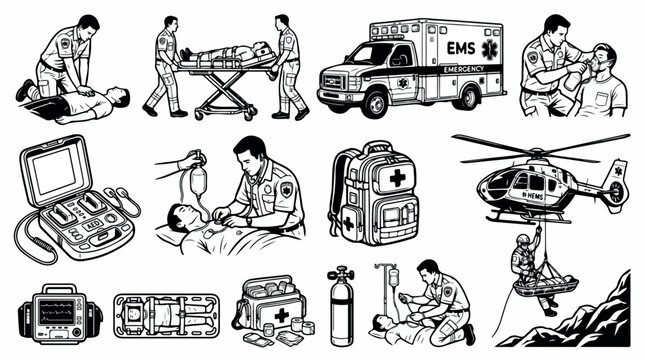 Emergency medical services vector set, paramedic rescue icons and EMS equipment illustrations, first aid responders and ambulance vehicle graphics