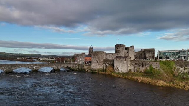 Aerial View of King John&rsquo;s Castle and Stone Bridge Over the River Shannon	