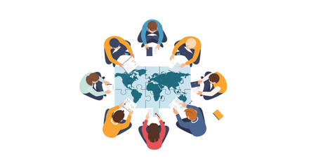 Fototapeta premium Global Business Teamwork and International Cooperation Concept with Diverse People Solving World Map Jigsaw Puzzle Vector Illustration