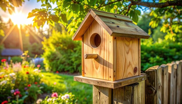 Unfinished Pine Birdhouse on a Rustic Wooden Post in a Sunny Garden