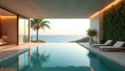 Fototapeta premium Modern luxury villa with infinity pool overlooking ocean. Coastal architecture blends with nature. Relax on sun loungers by calm blue water.