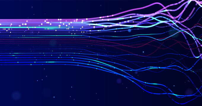 Abstract AI data streams glowing neural lines on dark background. Futuristic visualization for artificial intelligence, machine learning and AI agents. Data luminous particle connections of AI systems