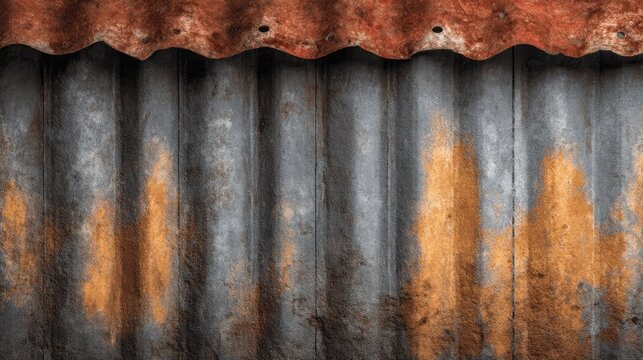 Corrugated metal texture, rusty zinc roof sheet, vertical ridges, weathered grey and orange background, grunge detail 
