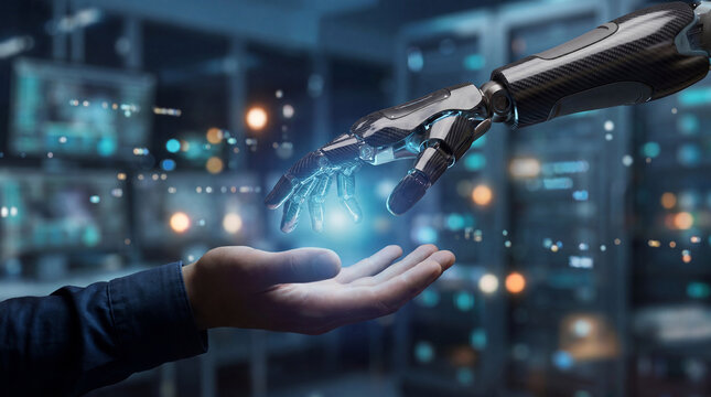Robotic hand with carbon fiber texture reaching to human hand with glowing light in a data center environment.