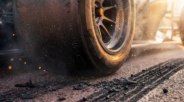 Macro view of racing tire over skid marks with rubber debris on asphalt. Concept of track safety, tire degradation, race analytics, pit crew service and sports media.