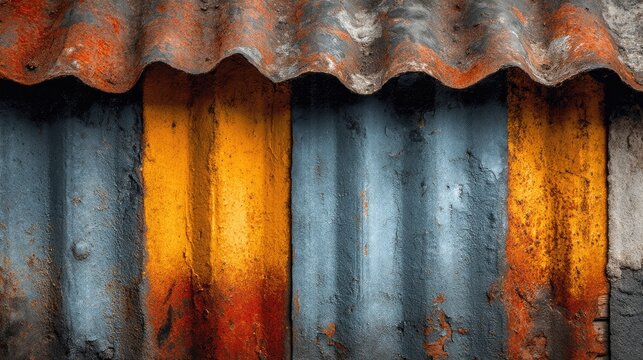 Corrugated metal texture, rusty zinc roof sheet, vertical ridges, weathered grey and orange background, grunge detail 