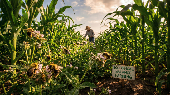 Sustainable ecological balance farming with bees in a corn field