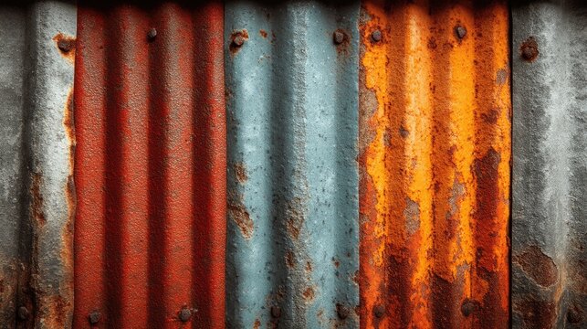Corrugated metal texture, rusty zinc roof sheet, vertical ridges, weathered grey and orange background, grunge detail 
