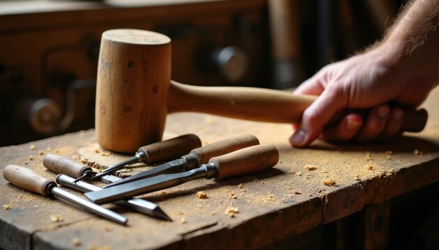 Carpenter hand holds wooden mallet over chisels on workbench. Assortment of wood carving tools laid out for craft. Precision work for handmade items in workshop.