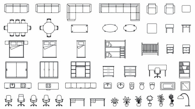 Architectural floor plan furniture symbols, interior design top view icons set, black and white CAD blocks for house layout planning
