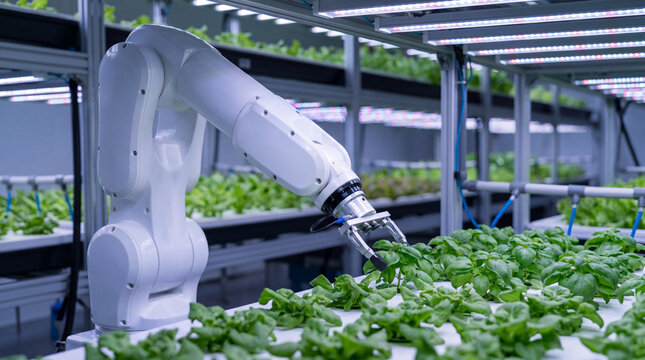 Automated robotic arm meticulously harvests fresh green basil plants in a controlled indoor vertical farm.