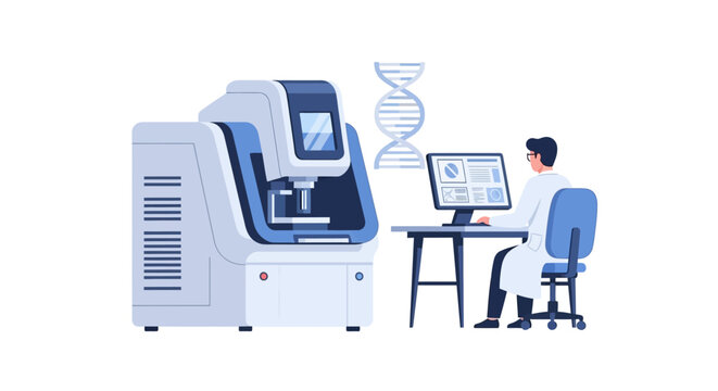 Scientist Working with DNA Sequencing Machine and Advanced Laboratory Equipment for Biotechnology Research and Genetic Analysis Vector Illustration