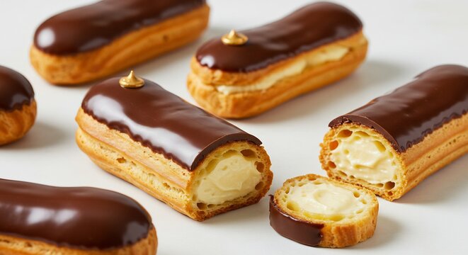 明るい光の中で輝くつややかなチョコレートエクレアが食欲をそそる至福の瞬間を演出する黄金色のシュー生地と滑らかなクリームの絶妙なハーモニー. AI Generated