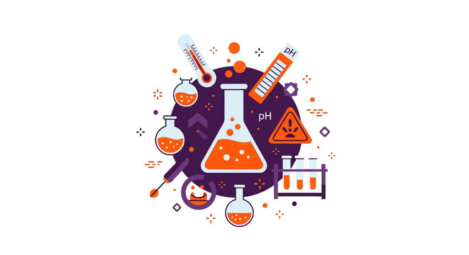 Scientific Laboratory Equipment and Chemistry Concept Illustration with Flasks, Test Tubes, and pH Scale Icons in Modern Flat Design Style