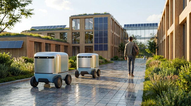 Two autonomous delivery robots navigate a modern campus or business park with green buildings and solar panels.