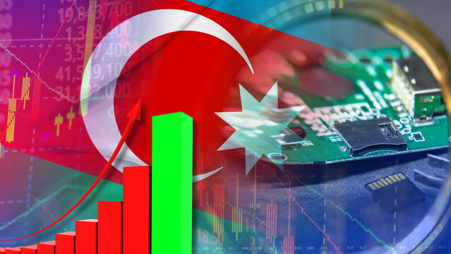 The Rising Azerbaijani Technology and Semiconductor Market Trends Displayed by a Circuit Board Under a Magnifying Glass, a Growing Bar Chart with an Upward Arrow, and Stock Data 